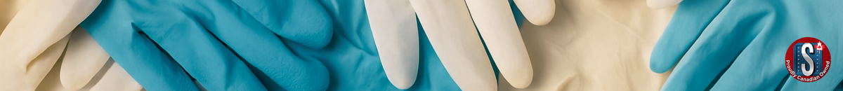 Assorted blue and white disposable gloves layered together, representing Skookum Tools' latex, nitrile, and vinyl synthetic glove category for medical, cleaning, and industrial applications.